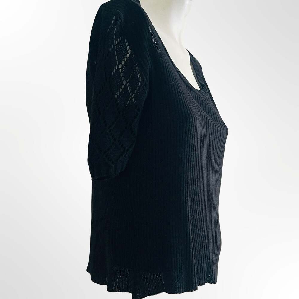 Vintage Black Ribbed Scoop Neck Sweater Top with Crochet Lace Sleeves Size M