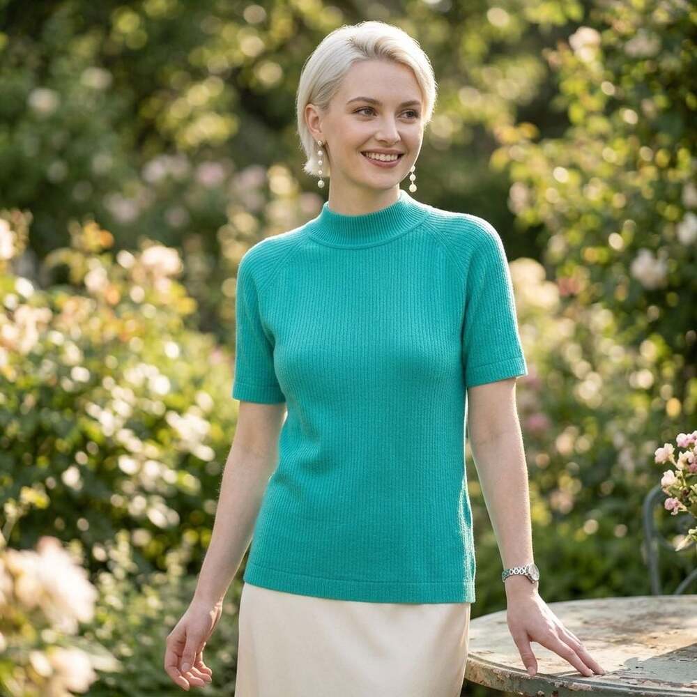 Vintage 1970s Green Ribbed Short Sleeve Mock Neck Top