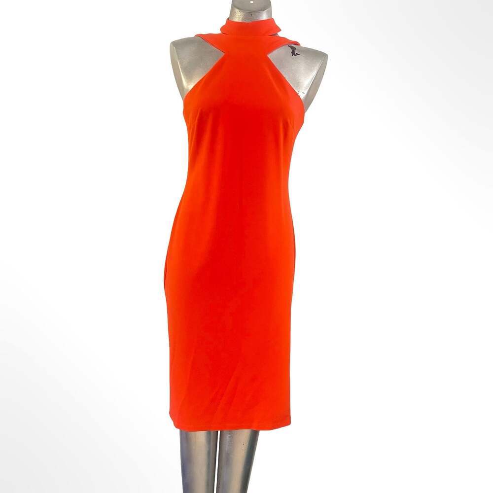 Bebe Tangerine Halter Bandage Midi Dress