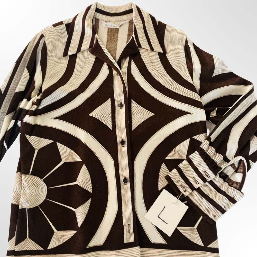 Vintage Ban-Lon Geometric Print Button-Up Shirt Brown Cream Size L