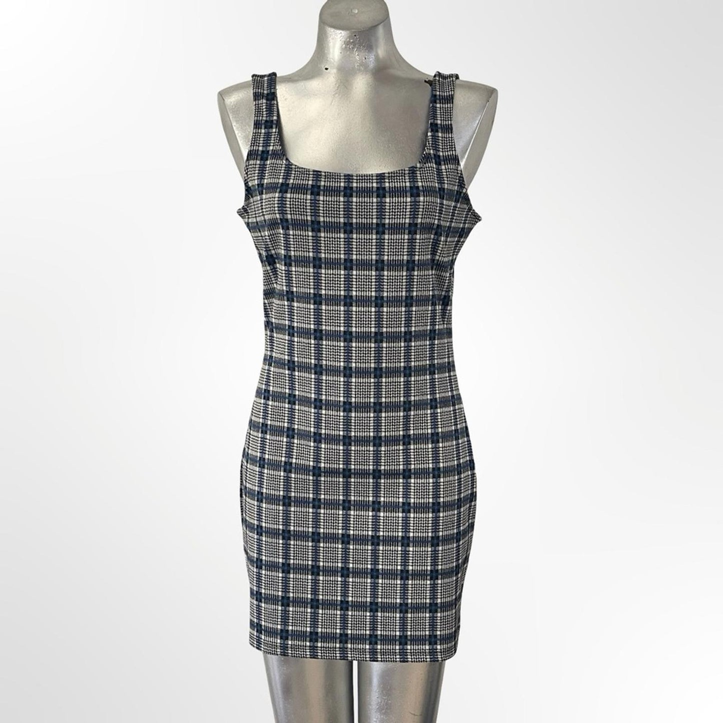 Forever 21 Plaid Square-Neck Mini Dress Navy & White -size L
