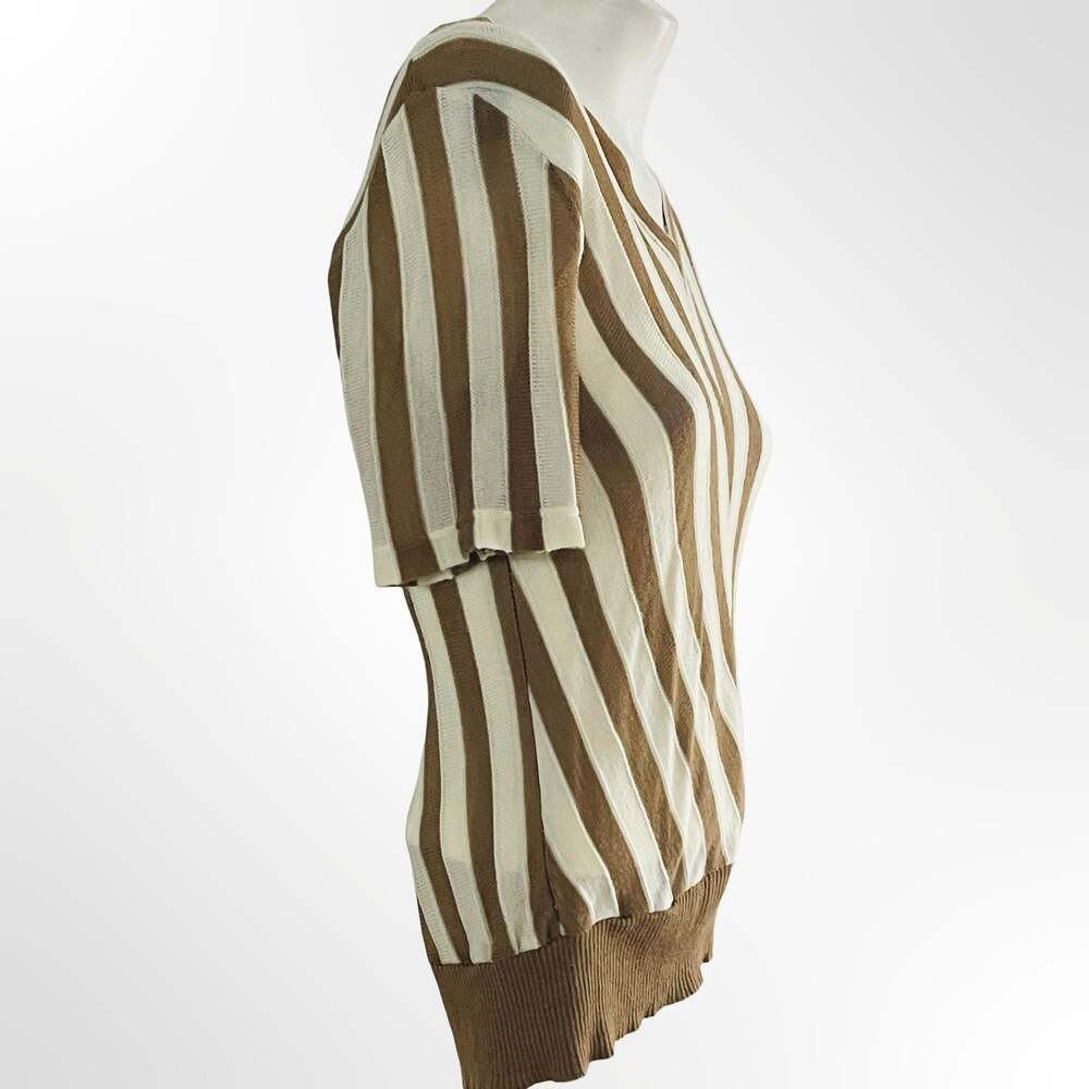 JAGRO strickmoden Brown and Cream Striped V-Neck Knit Short Sleeve Top