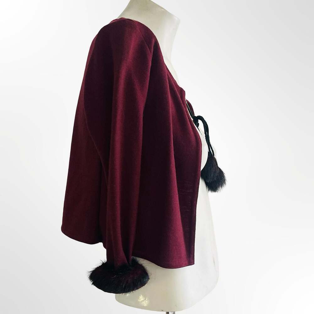 Zoe LTD Size 10 Burgundy Wool Cardigan Jacket with Faux Fur Cuffs and Pompoms