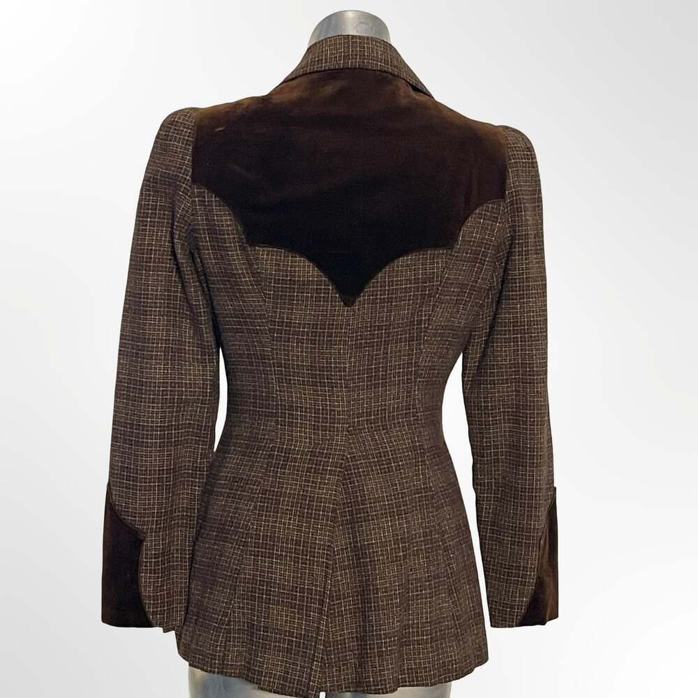 Vintage Young Edwardian Brown Plaid Wool Blazer Jacket with Velvet Contrast Yoke