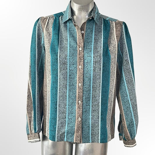 Women's Teal & Gray Striped Button-Up Silk Shirt