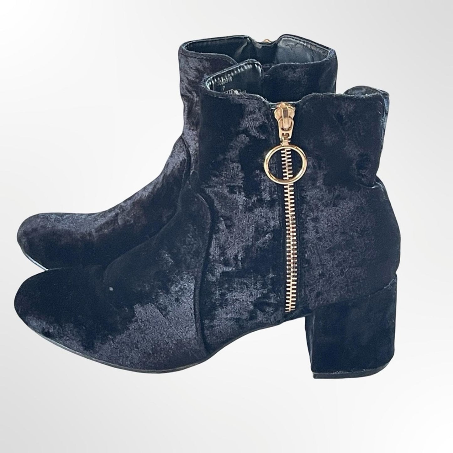 Charlotte Russe Black Velvet Ankle Booties w. Gold Ring Zip