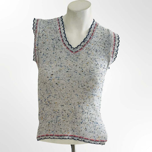 Vintage 70s Gray Heathered Rainbow Speckle Knit Vest Top With Plaid Stripe