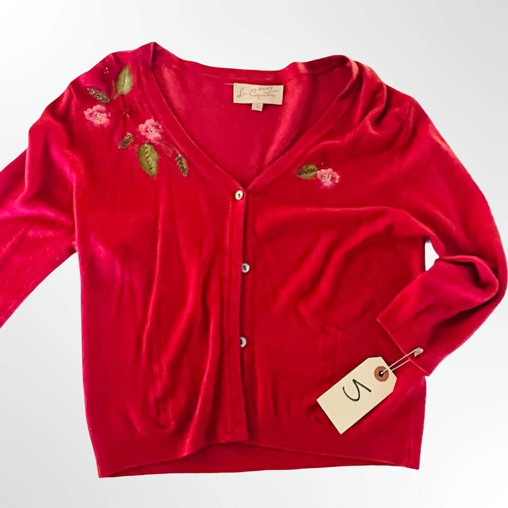 La Coquille Vintage Red Floral Embroidered Cardigan Sweater