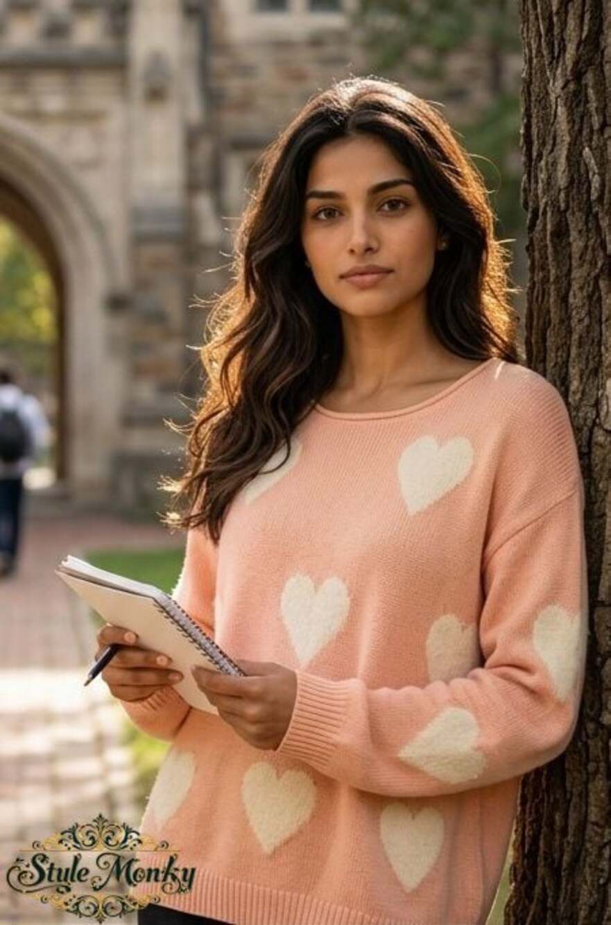 Tequila Solo Coco Heart Pattern Knit Pullover Sweater Peach Pink Size L