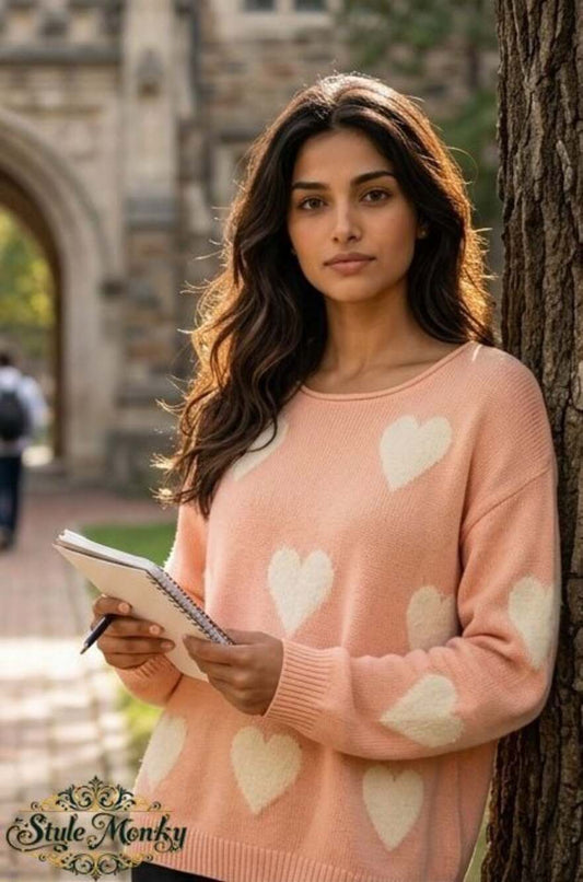 Tequila Solo Coco Heart Pattern Knit Pullover Sweater Peach Pink Size L