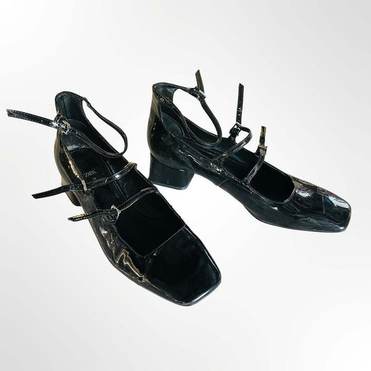 Zara Black Patent Leather Square-Toe Double-Strap Mary Jane Heels