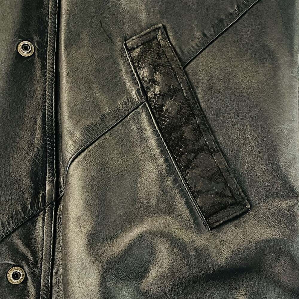 Pelle Studio Black Leather Long Trench Coat with Snakeskin Textured  Panels