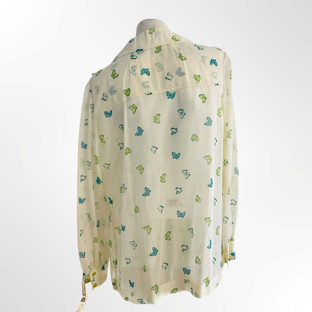 Vintage Butterfly Print Button-Up Linen Camp Shirt Blouse