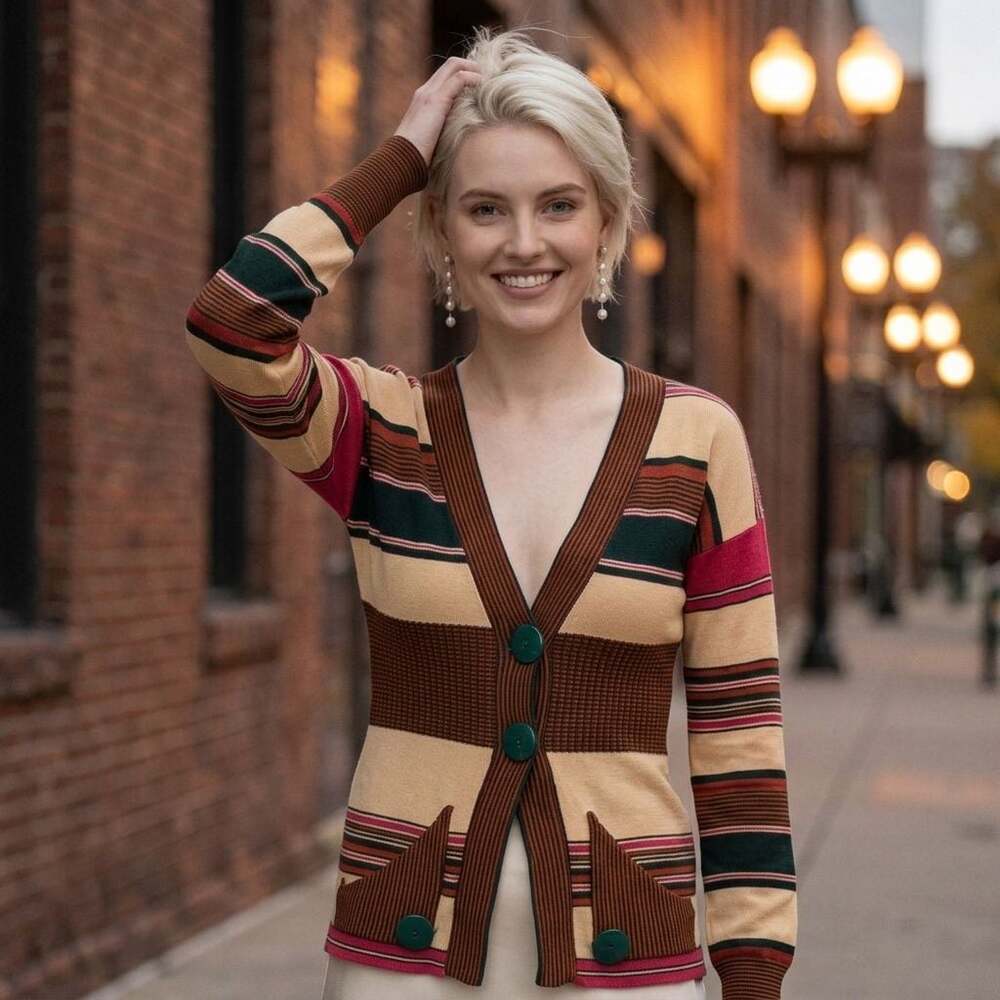 Vintage Match II 1970s Multi Stripe V-Neck Button Cardigan Sweater