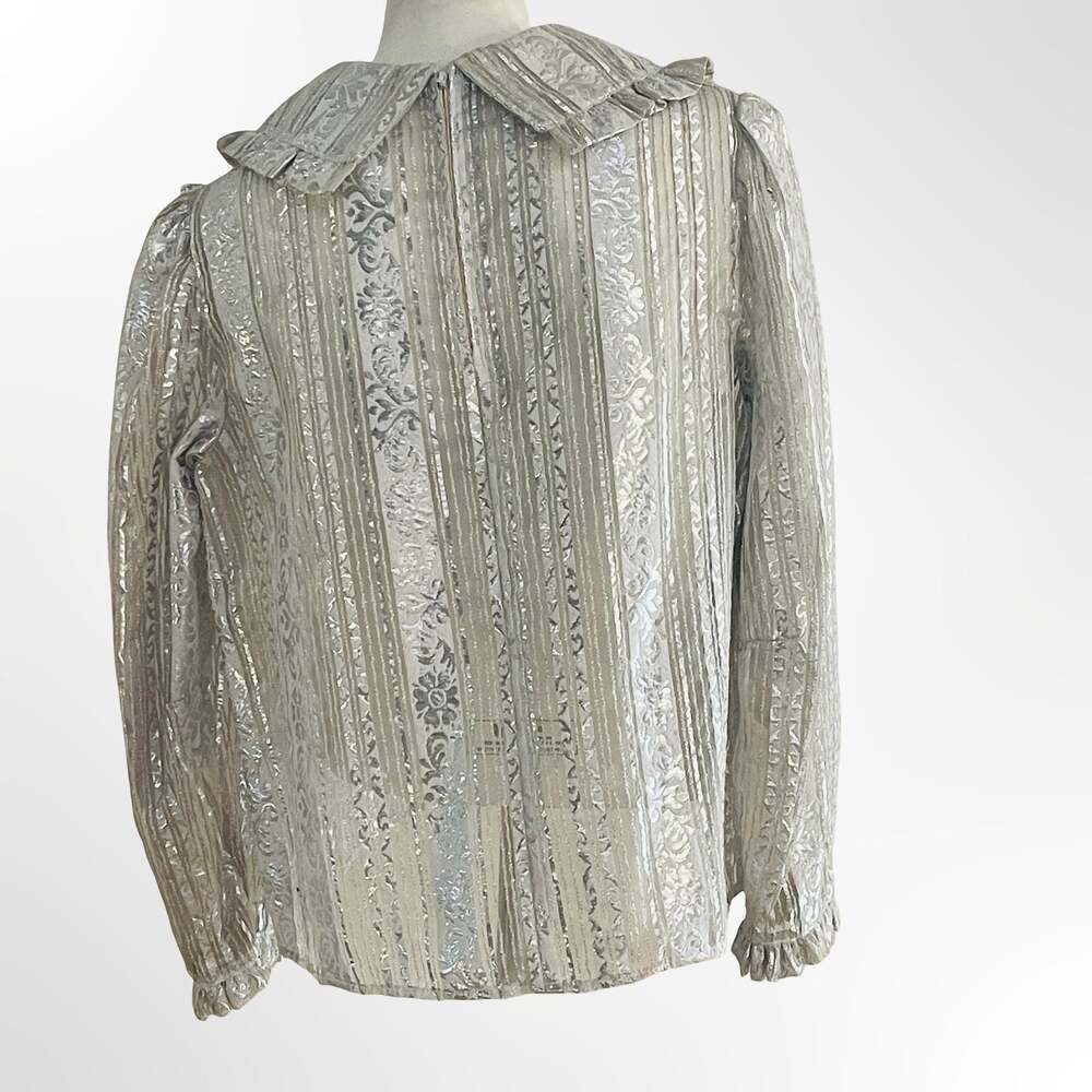 Vintage Metallic Silver Brocade Ruffle Collar Long Sleeve Blouse