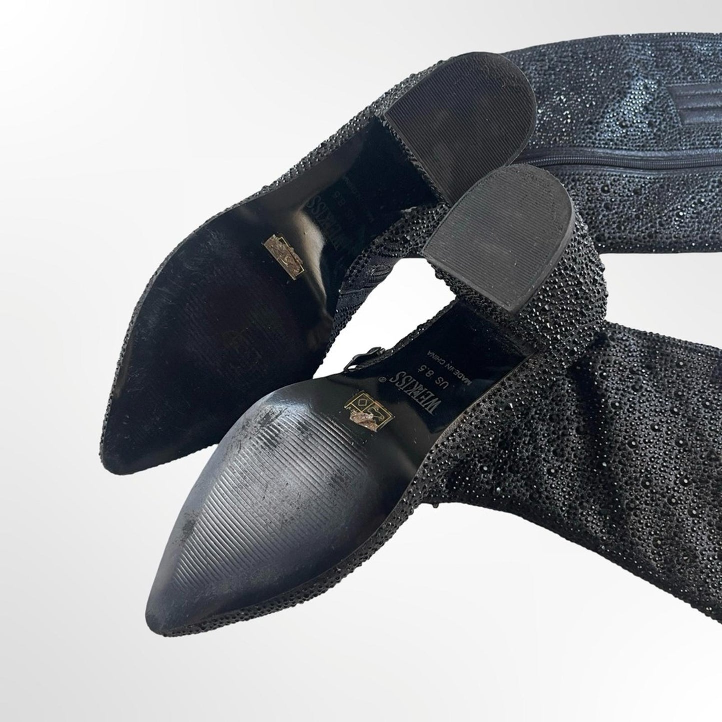 Wet Kiss Black Rhinestone Heeled Boots in many sizes avail