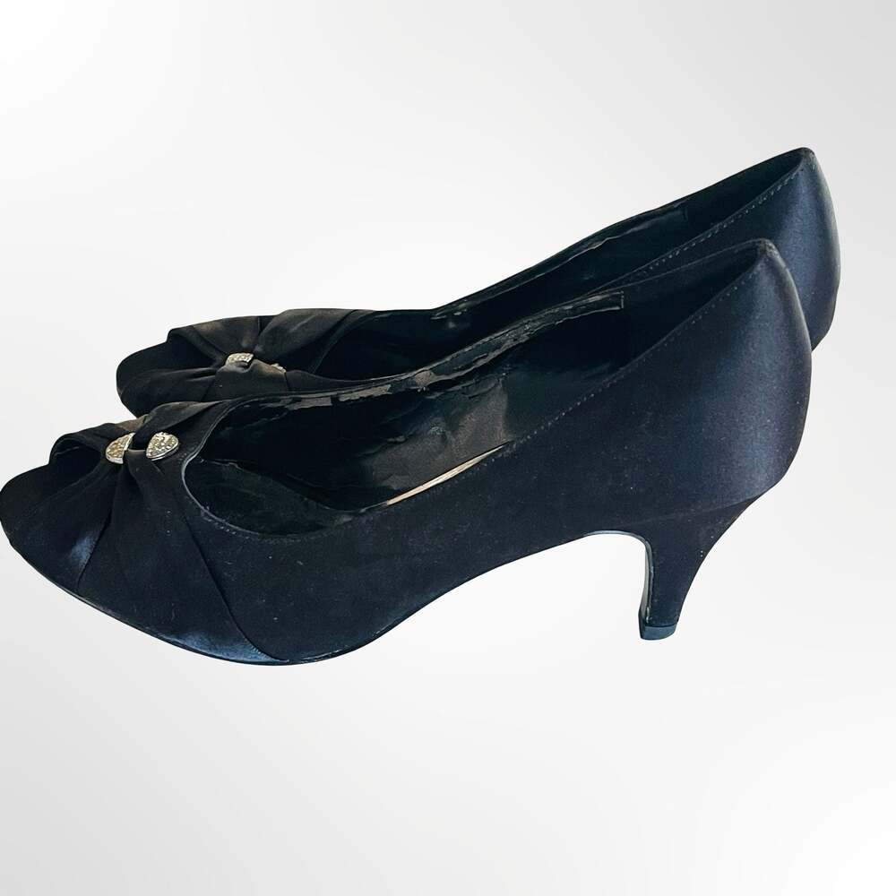 Easy Street Alive 5 Women's Black Satin Peep Toe Kitten Heels with Crystal Ornam