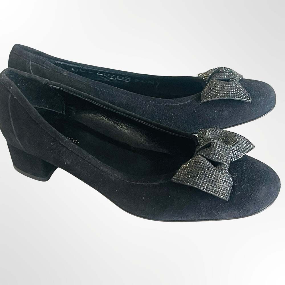 Sesto Meucci Firenze Black Suede Block Heel Pumps with Crystal Bow Detail