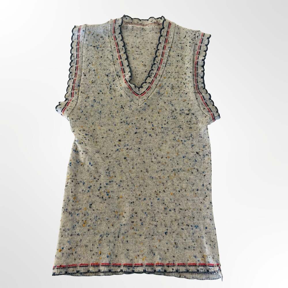 Vintage 70s Gray Heathered Rainbow Speckle Knit Vest Top With Plaid Stripe