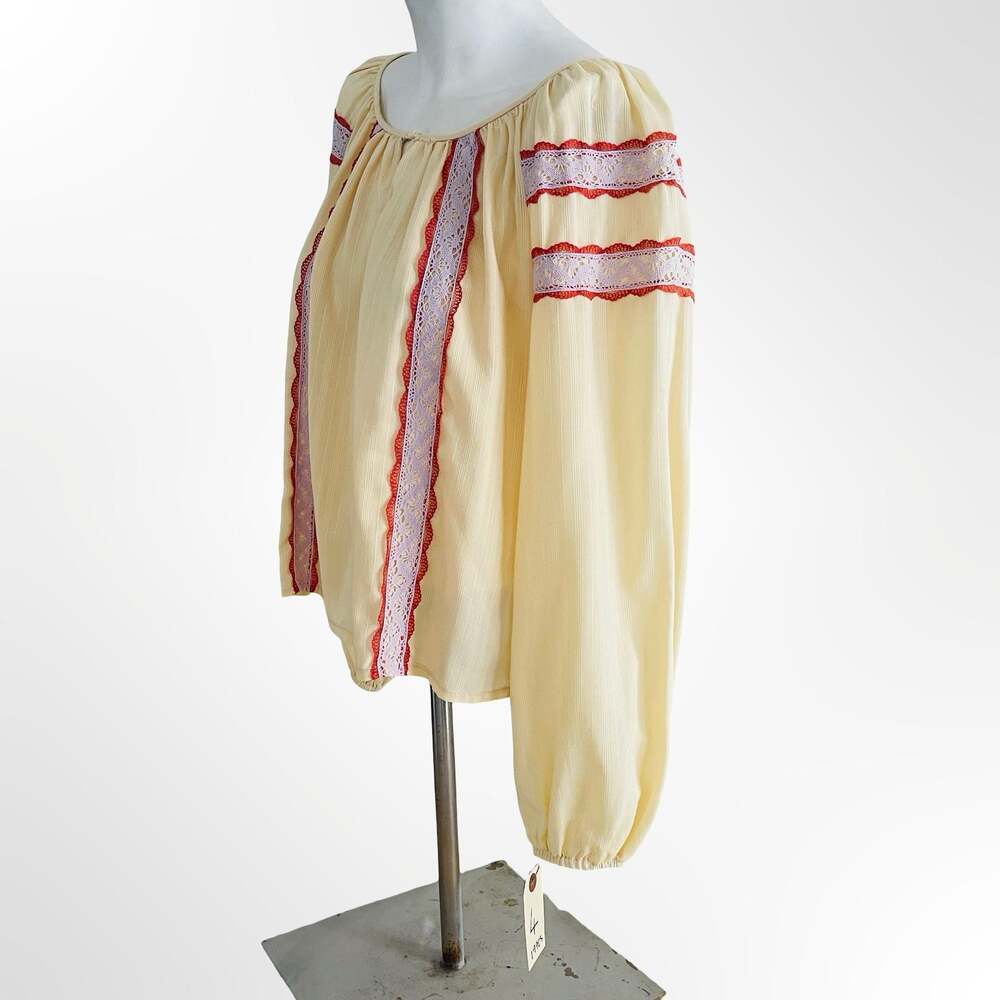 Vintage 1970s Yellow Peasant Blouse with Red and Purple Lace Trim