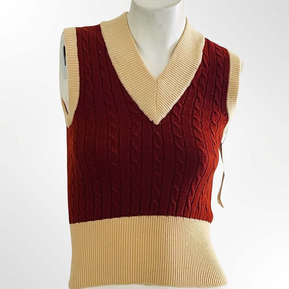 Vintage 1970s 100% Pure Wool Cable Knit V-Neck Sweater Vest Red Cream
