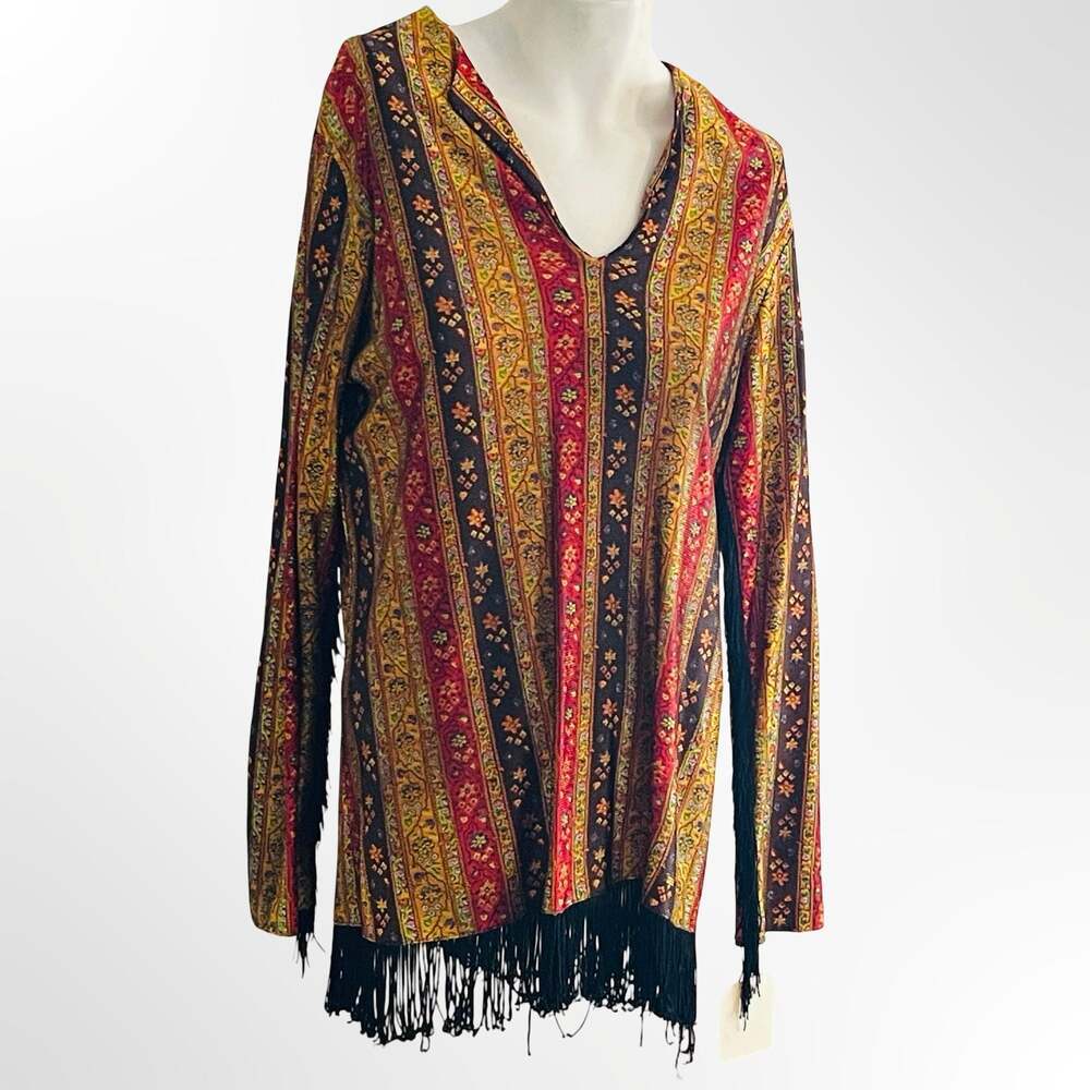 Vintage Boho Floral Long Sleeve Tunic Top with Fringe Hem