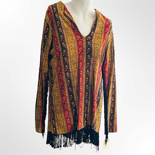 Vintage Boho Floral Long Sleeve Tunic Top with Fringe Hem