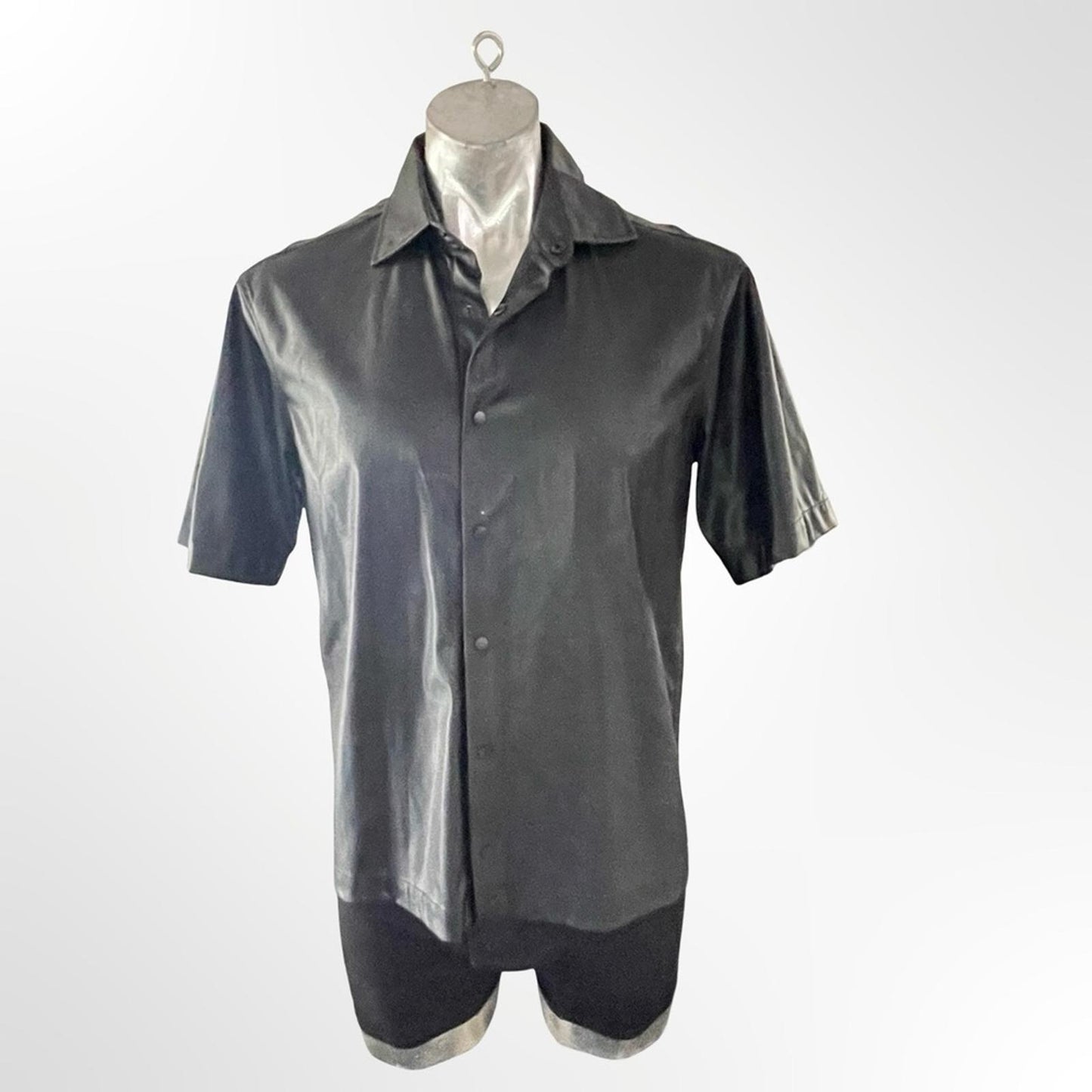 Medium Black Short Sleeve Button-Up Rubber like Shirt