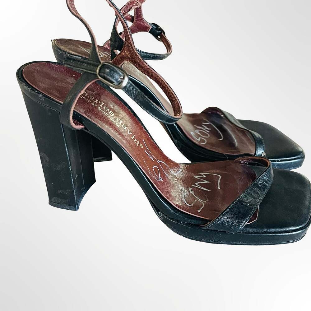 Charles David by Nathalie M Black Leather Square Toe Block Heel Sandals