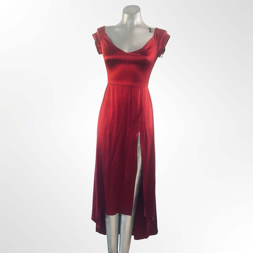 Red Satin Flutter Sleeve Maxi Dress with Front Slit