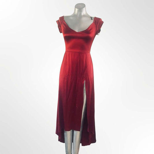 Red Satin Flutter Sleeve Maxi Dress with Front Slit