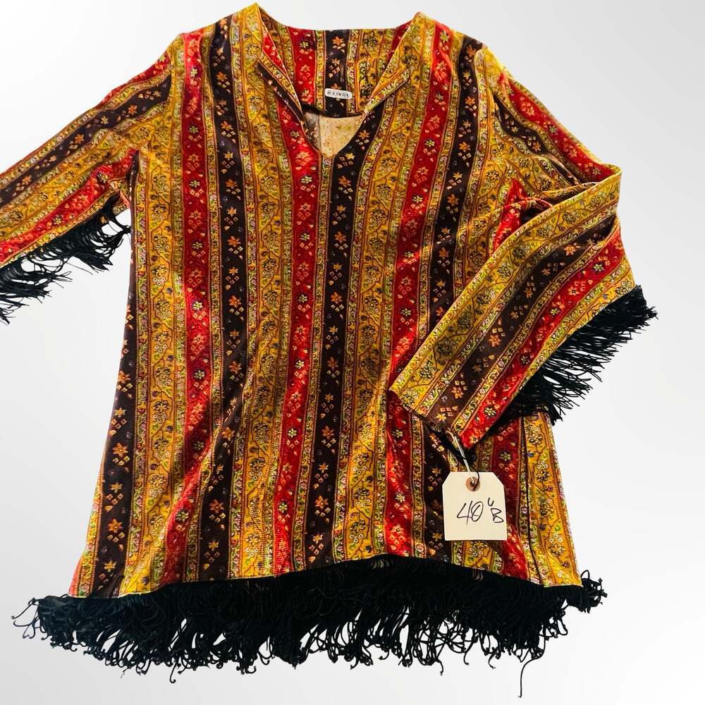 Vintage Boho Floral Long Sleeve Tunic Top with Fringe Hem