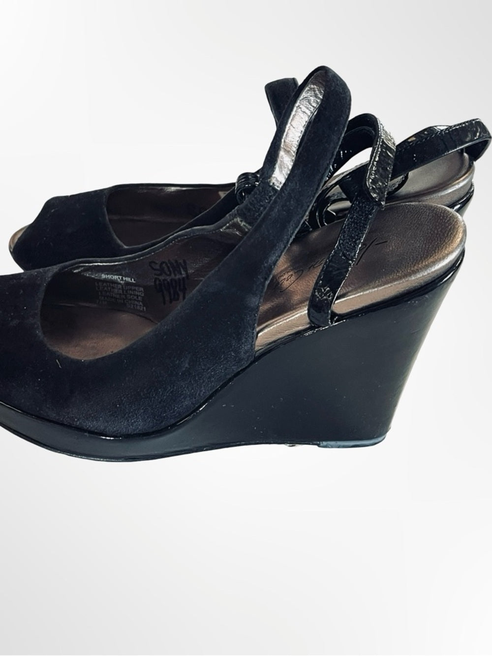 Kenneth Cole New York Black Suede Peep-Toe Slingback Wedge Heels