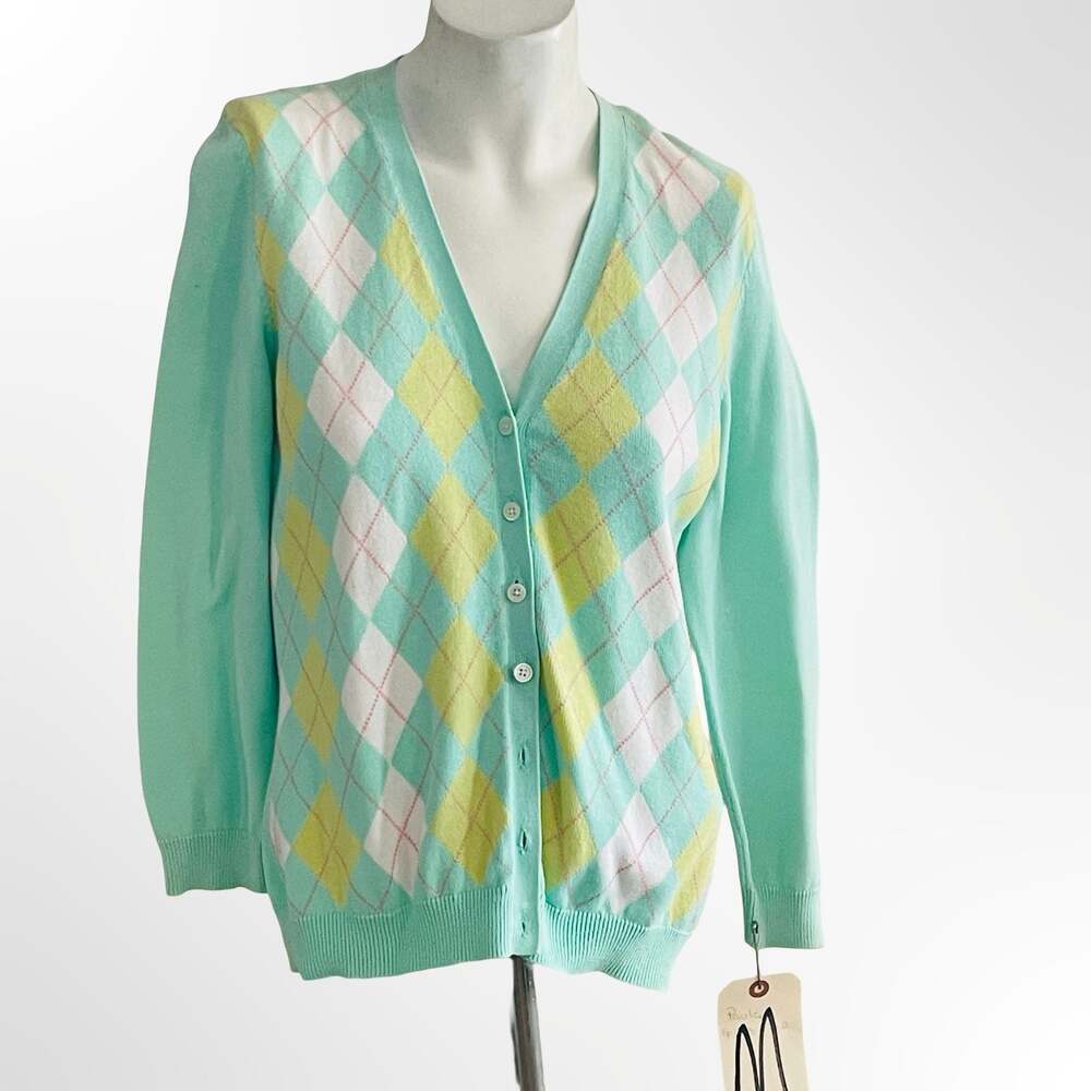 MICHAEL Michael Kors Mint Green Argyle V-Neck Cotton Cardigan Sweater