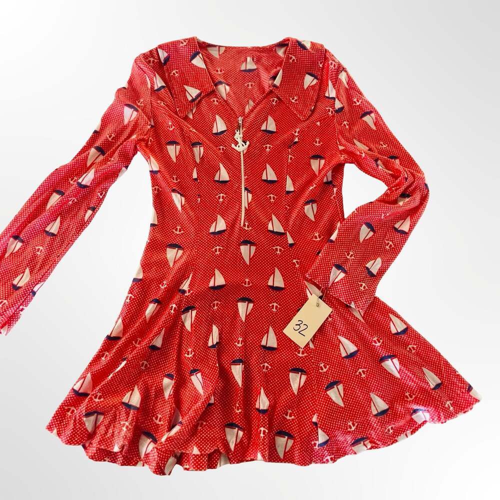 Vintage 1960s-70s Halifax Crimson Red Sailboat Anchor Print Zip Front Dress