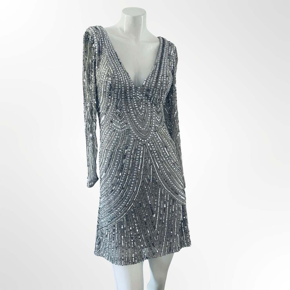 Lara 29615 Long-Sleeve Beaded Cocktail Dress in Silver