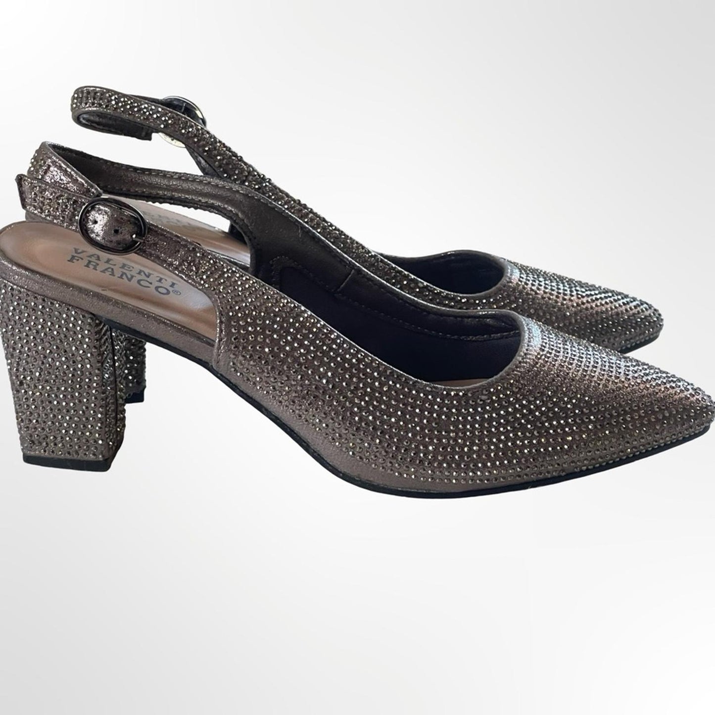 Valenti Franco Silver Rhinestone Slingback Block Heels - 7.5