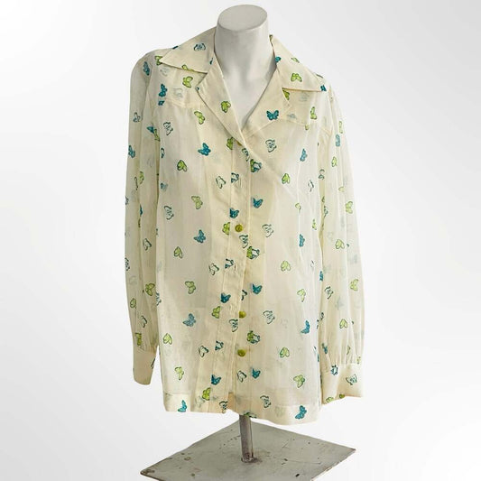 Vintage Butterfly Print Button-Up Linen Camp Shirt Blouse