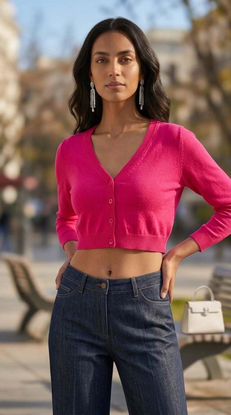 Vintage I.e. Hot Pink Cropped V-Neck Button-Up Cardigan Sweater