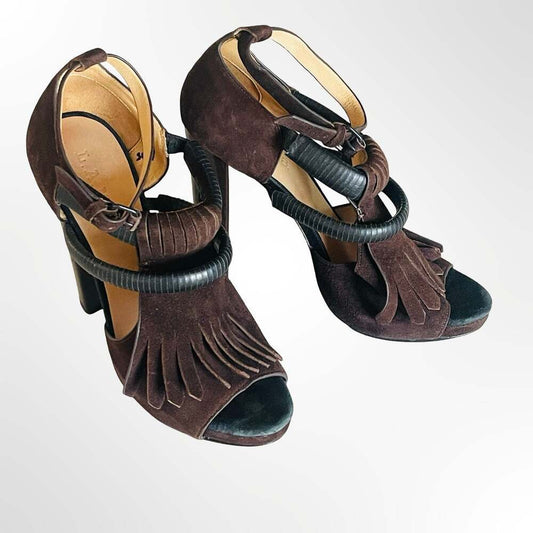 L.A.M.B. Hortensia Brown Suede Fringe High Heel Sandals Size 7.5M