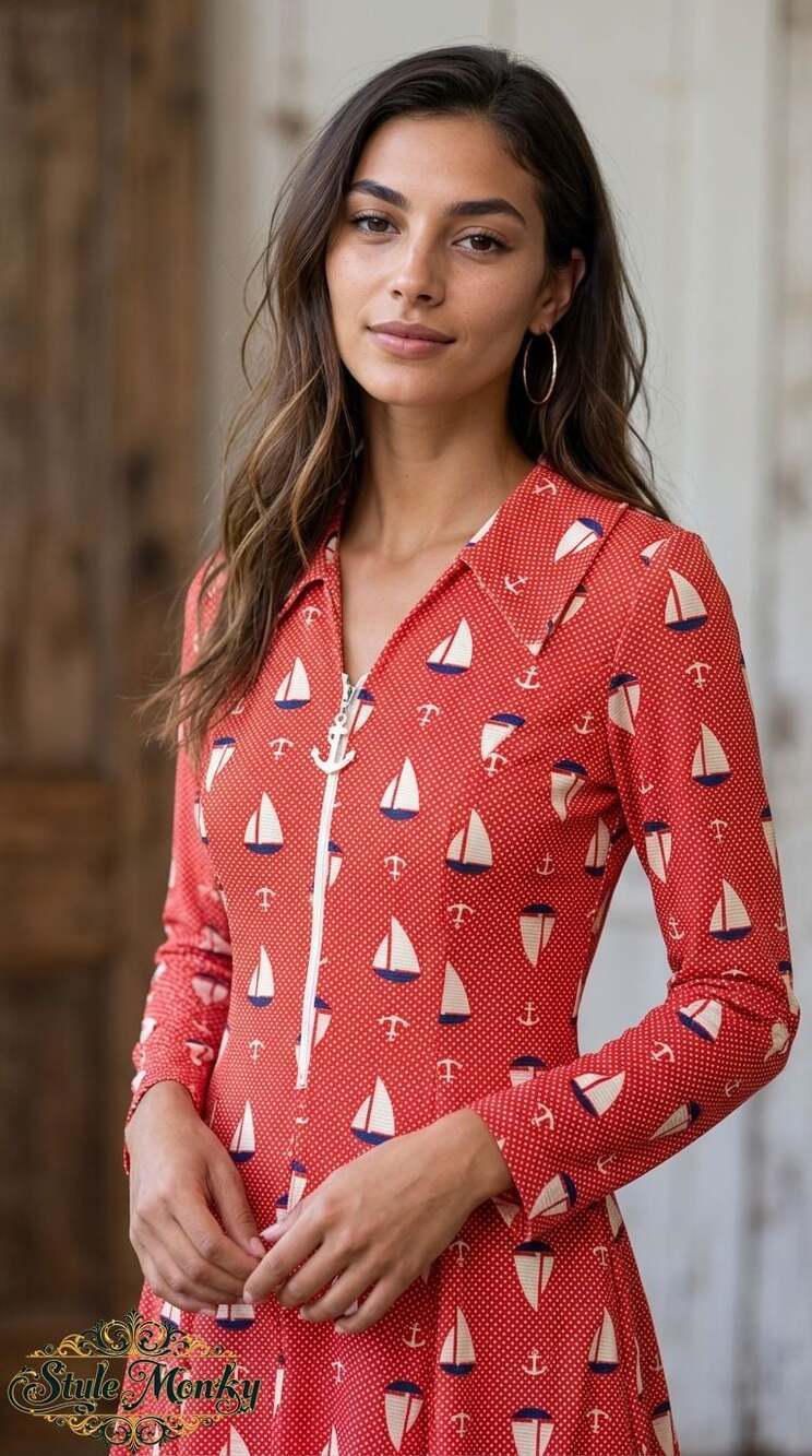 Vintage 1960s-70s Halifax Crimson Red Sailboat Anchor Print Zip Front Dress
