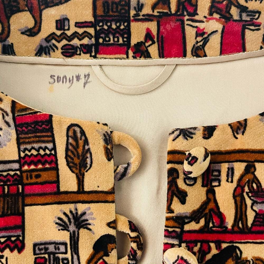 Vintage Egyptian Hieroglyphic Print Jacquard Blazer Jacket with Ruffle Hem
