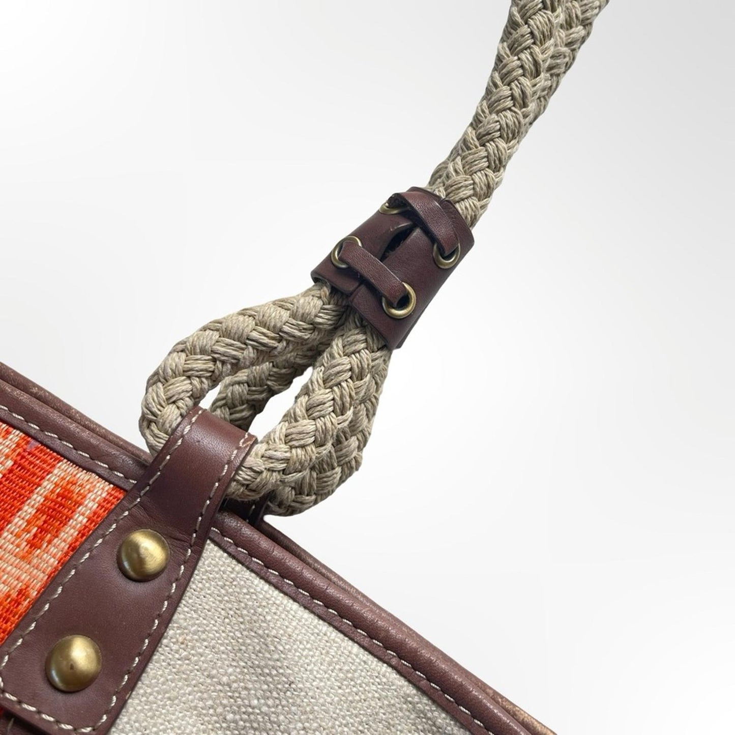 Rafe NY Canvas Tote Bag with Orange Ikat Panel & Brown Trim