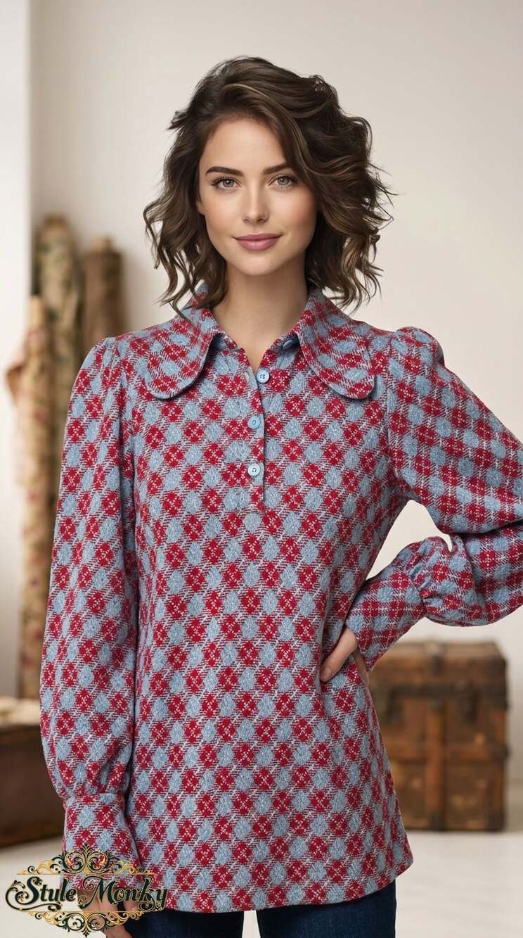 Vintage 1970s Red Blue Geometric Argyle Print Long Sleeve Collared Blouse