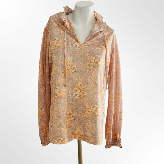 Vintage 1970s Floral Long Sleeve Boho Blouse Ruffle Collar Size 16 Peach