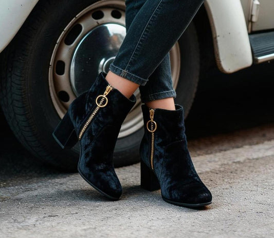 Charlotte Russe Black Velvet Ankle Booties w. Gold Ring Zip