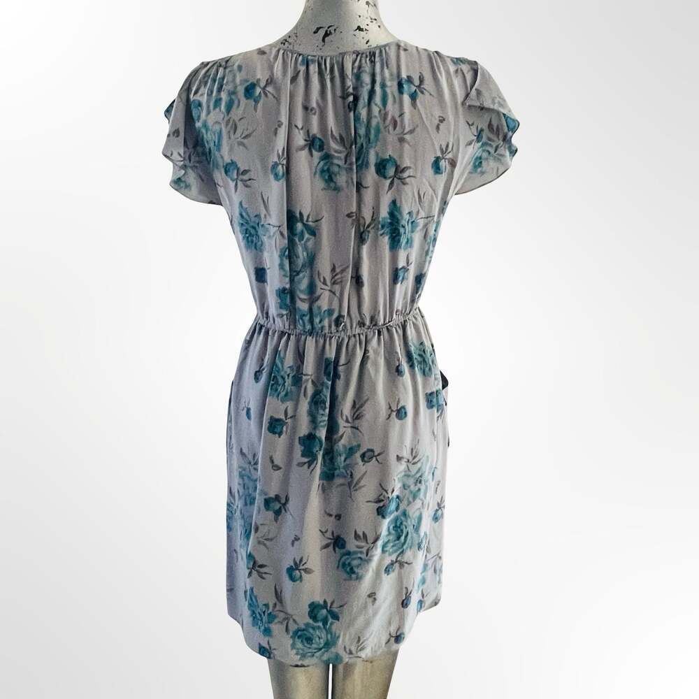 Rebecca Taylor Gray Blue Floral 100% Silk Bellamy Mini Dress V-Neck with Pockets