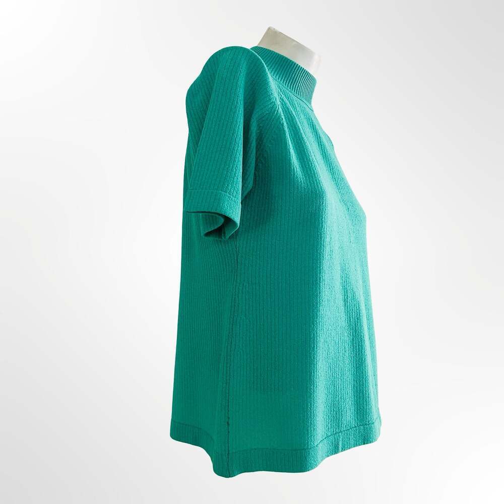 Vintage 1970s Green Ribbed Short Sleeve Mock Neck Top