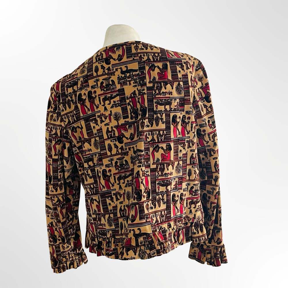 Vintage Egyptian Hieroglyphic Print Jacquard Blazer Jacket with Ruffle Hem