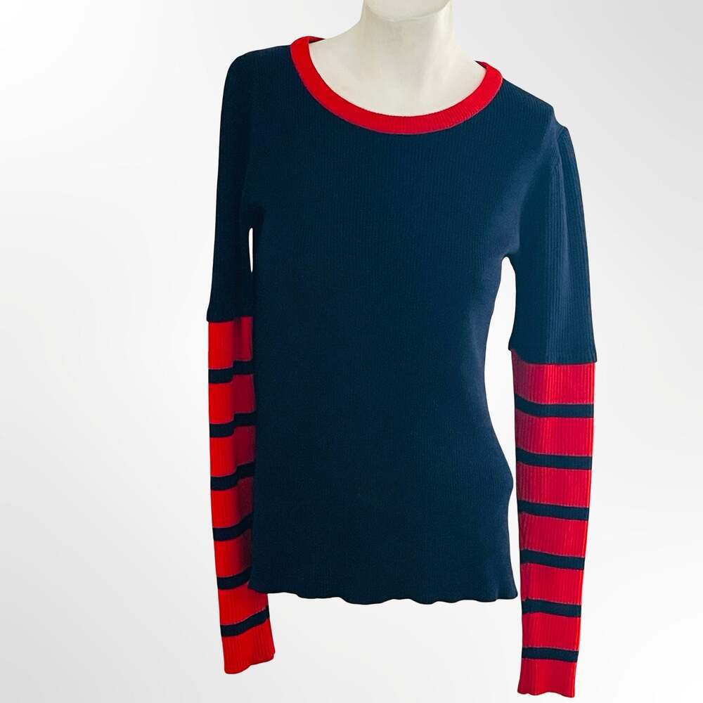 Andros Navy and Red Striped Long Sleeve Ribbed Knit Sweater